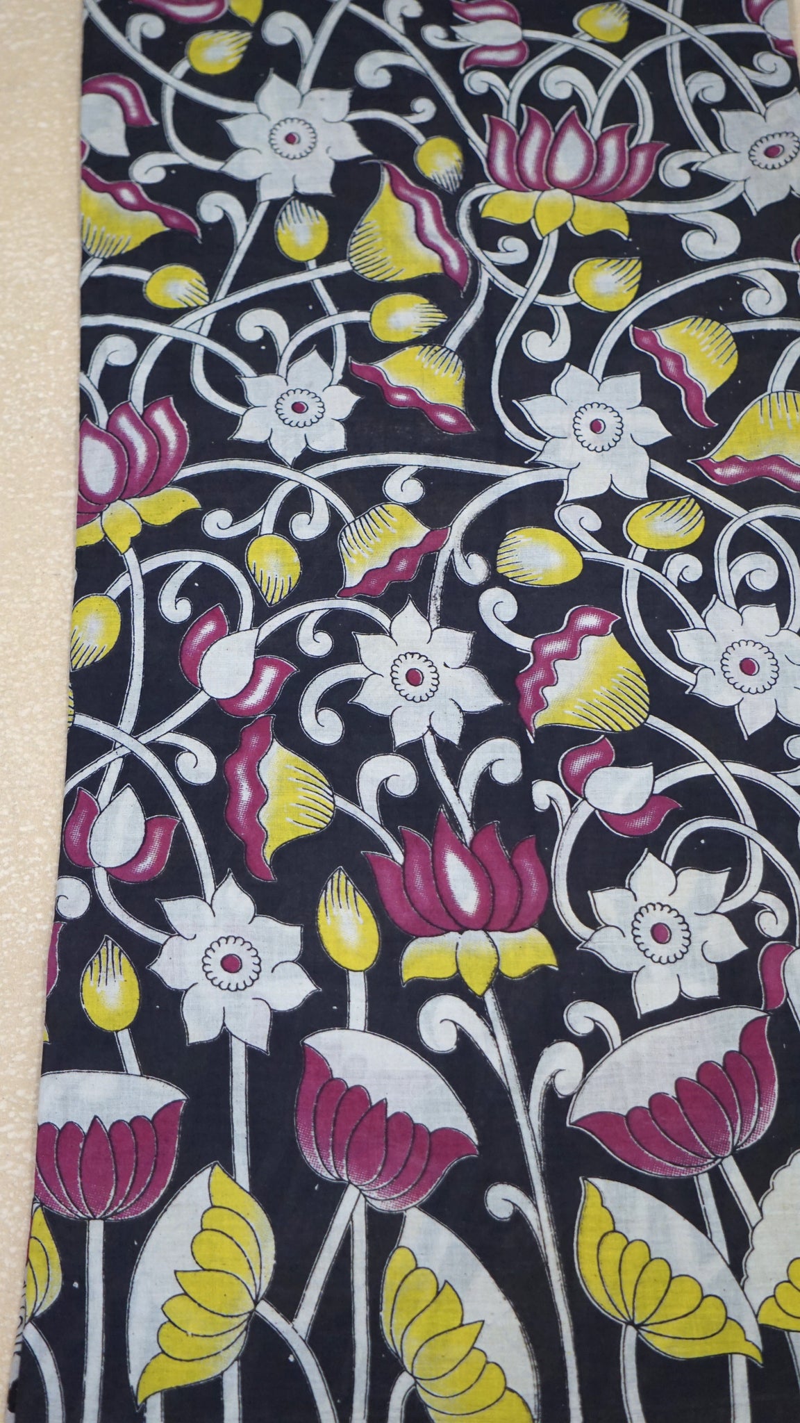 Kalamkari Saree Cotton - Black With Floral Print