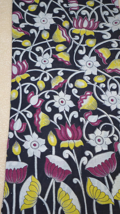 Kalamkari Saree Cotton - Black With Floral Print