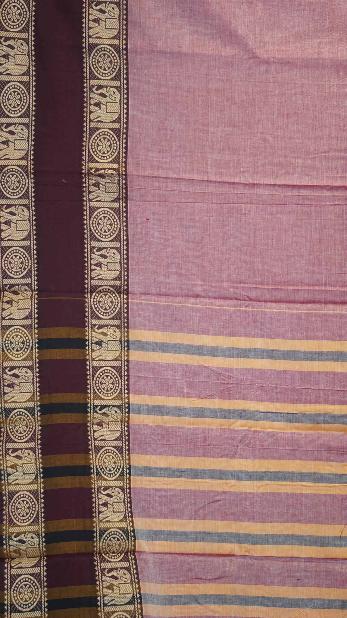 Narayanapet Cotton Saree Elephant Double Border Onion Pink
