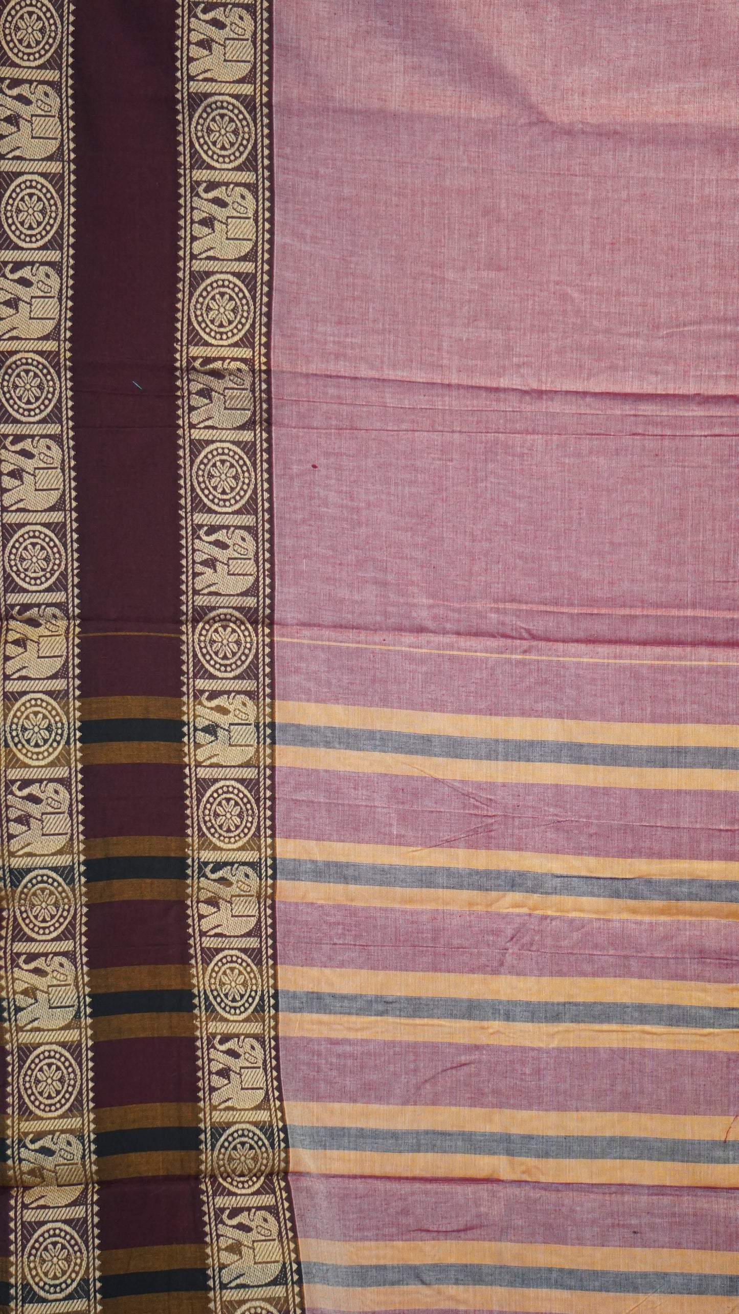 Narayanapet Cotton Saree Elephant Double Border Onion Pink