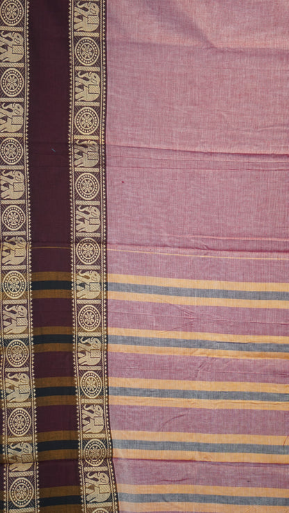 Narayanapet Cotton Saree Elephant Double Border Onion Pink