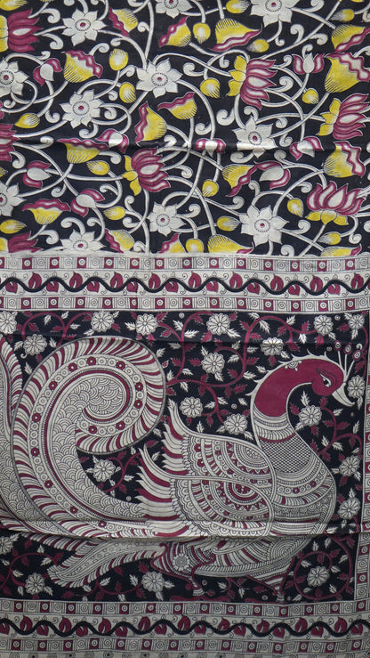Kalamkari Saree Cotton - Black With Floral Print