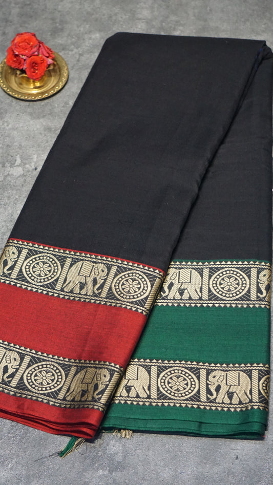 Narayanapet Cotton Saree Elephant Double Border Black