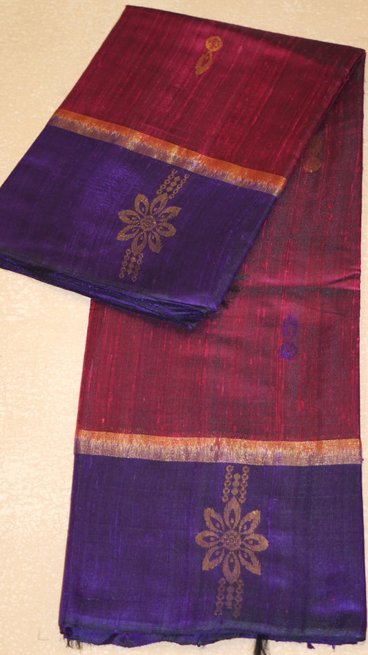 Pure Dupion Silk Saree - Magenta with Purple Border
