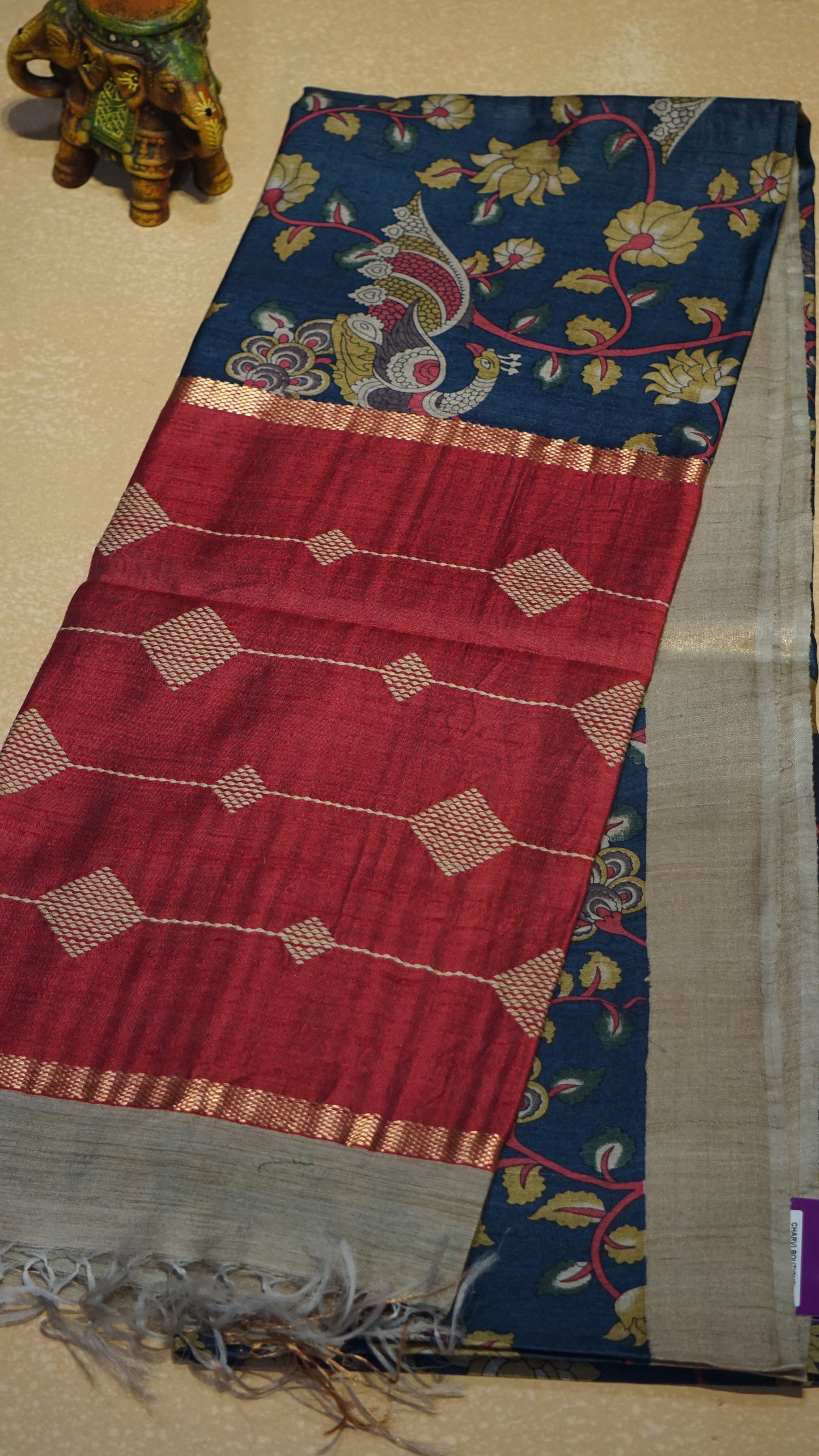 Pure Tussar Saree - Navy Blue & Red