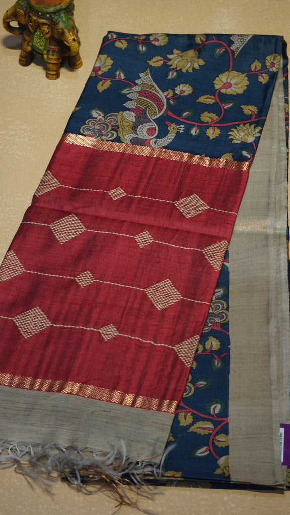 Pure Tussar Saree - Navy Blue & Red