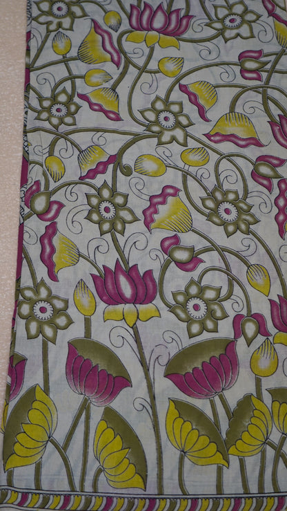 Kalamkari Saree Cotton - Beige With Floral Print
