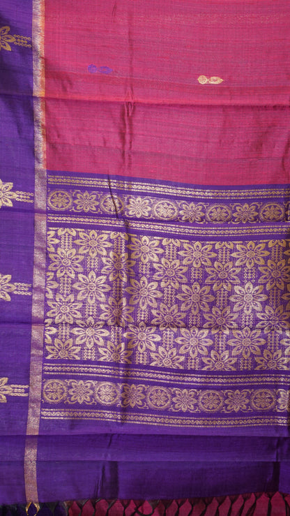 Pure Dupion Silk Saree - Magenta with Purple Border