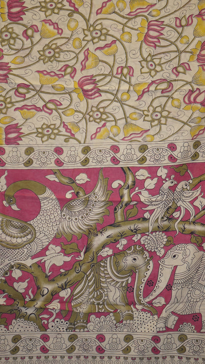 Kalamkari Saree Cotton - Beige With Floral Print