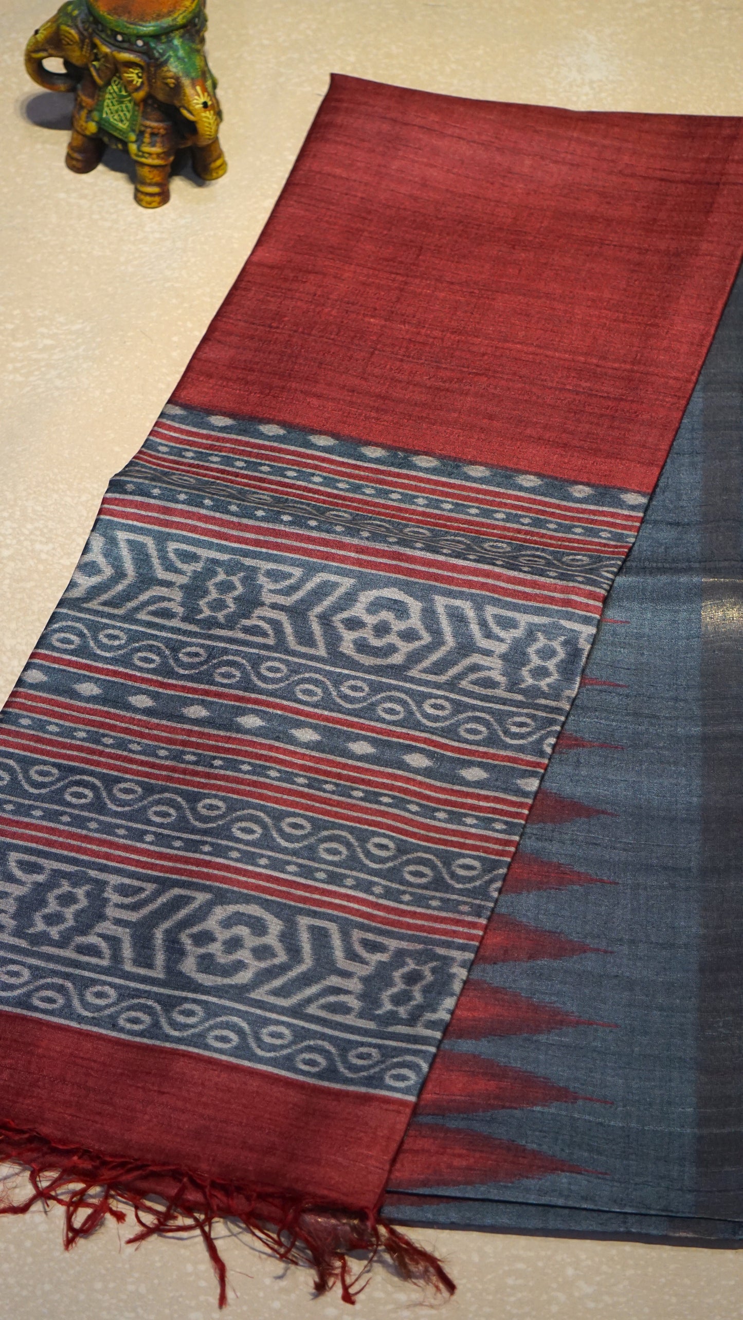Pure Tussar Saree - Red & Grey