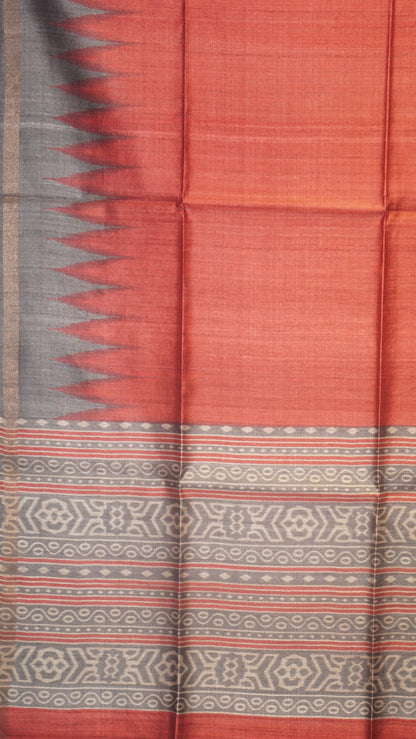 Pure Tussar Saree - Red & Grey