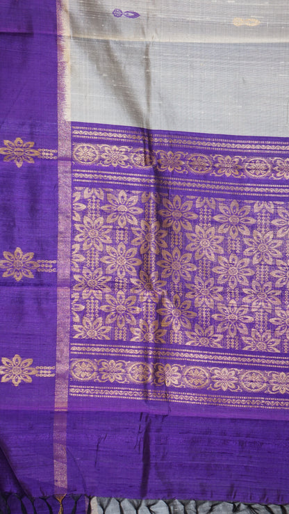 Pure Dupion Silk Saree - Elephant Grey with Purple Border