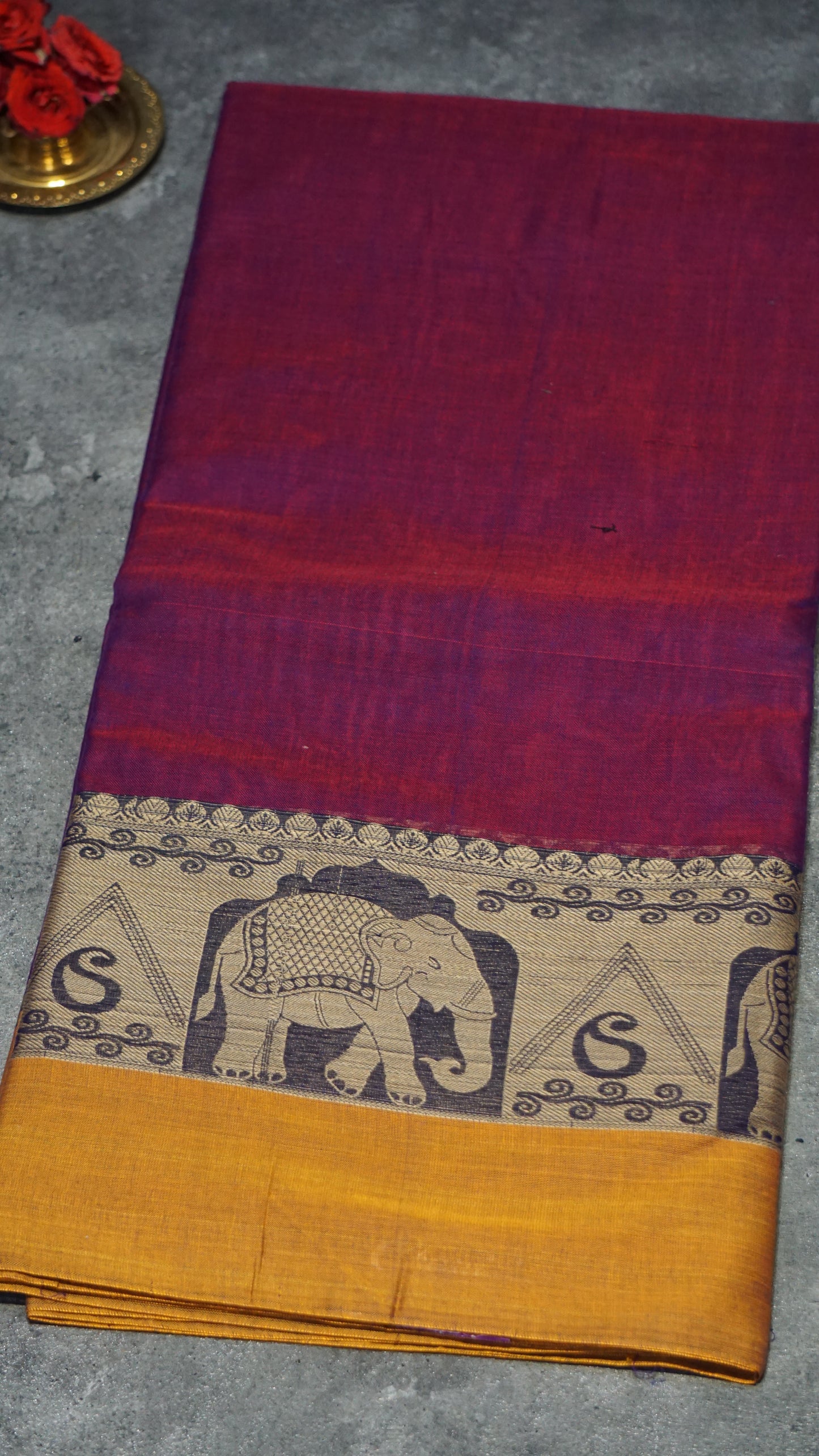 Narayanapet Cotton Saree Elephant Border Magenta