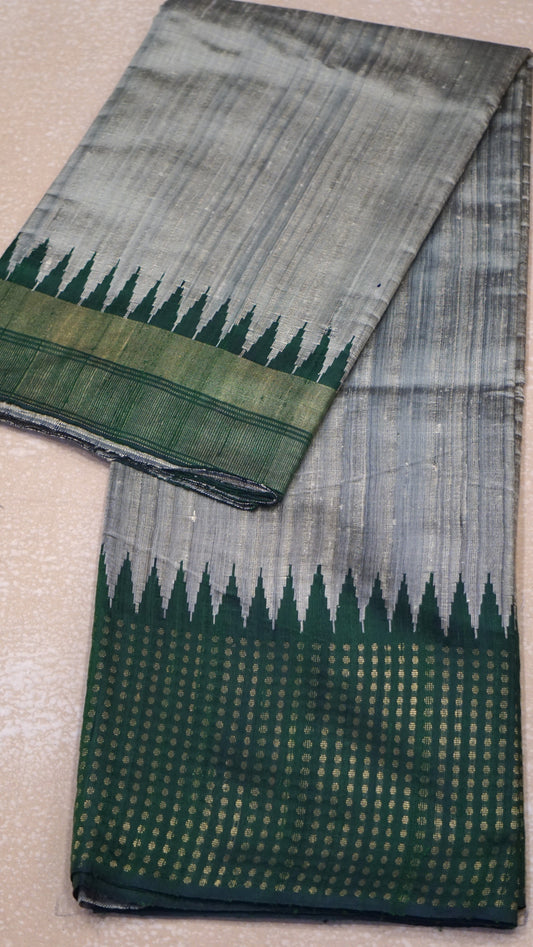 Pure Dupion Silk Saree - Beige with Green Border