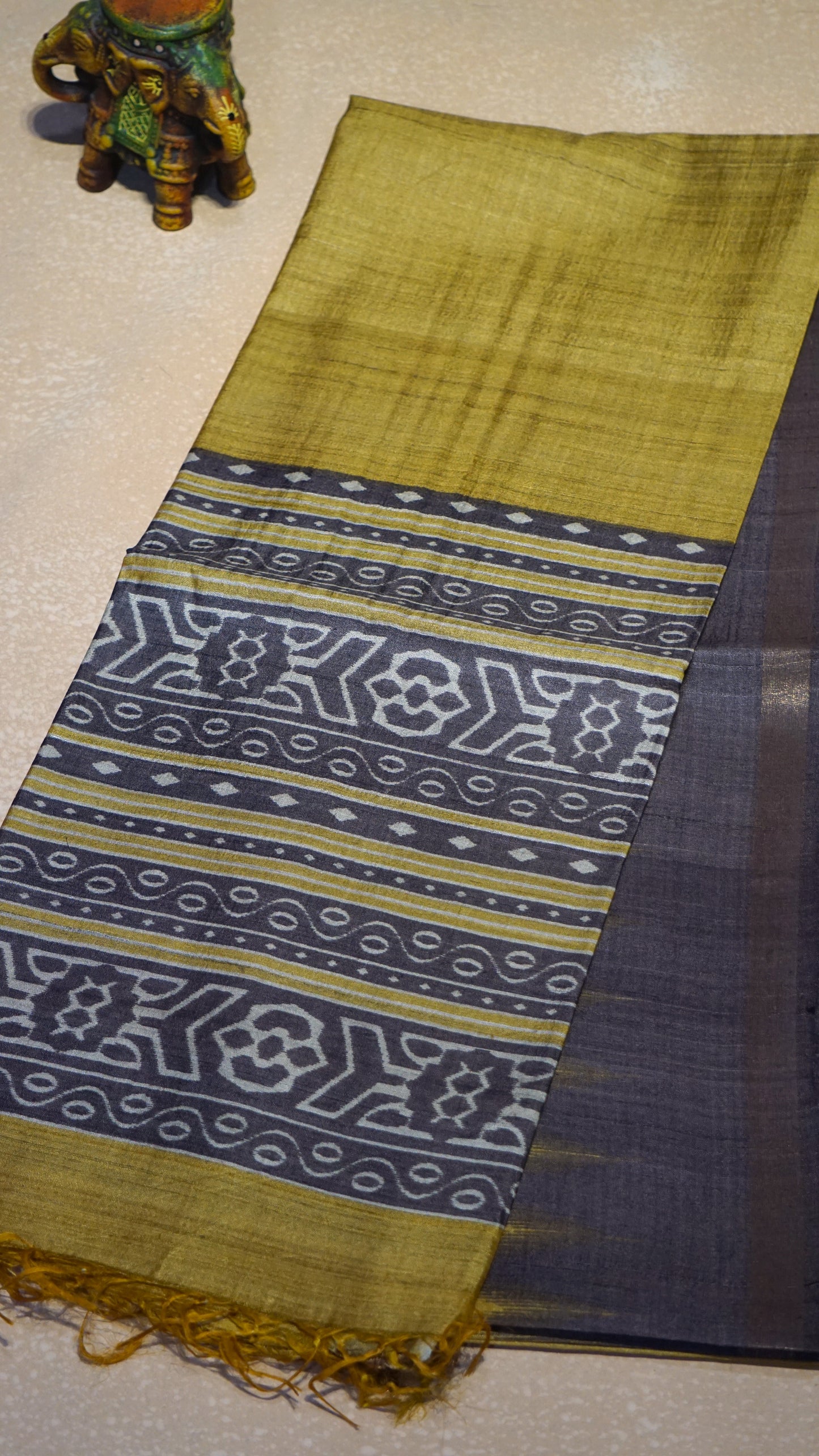 Pure Tussar Saree - Mustard Yellow & Brown