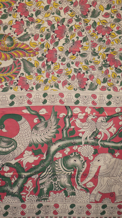 Kalamkari Saree Cotton - Beige With Big Peacock Design