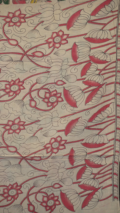 Kalamkari Saree Cotton - Beige With Big Peacock Design