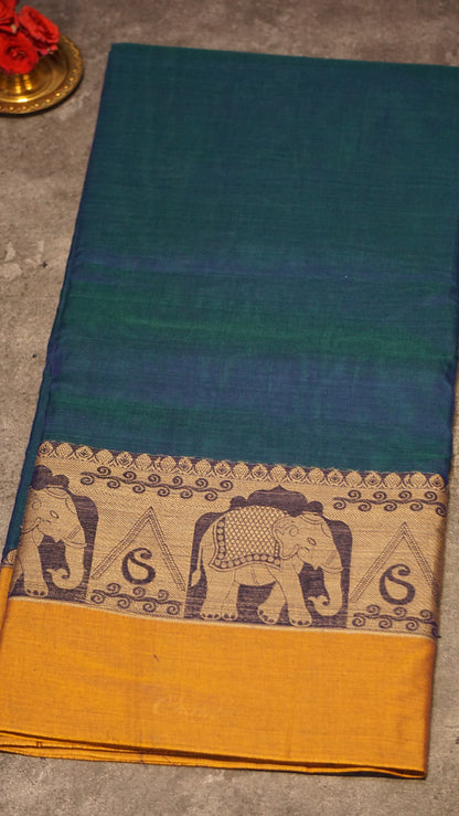 Narayanapet Cotton Saree Elephant Border Peacock Blue