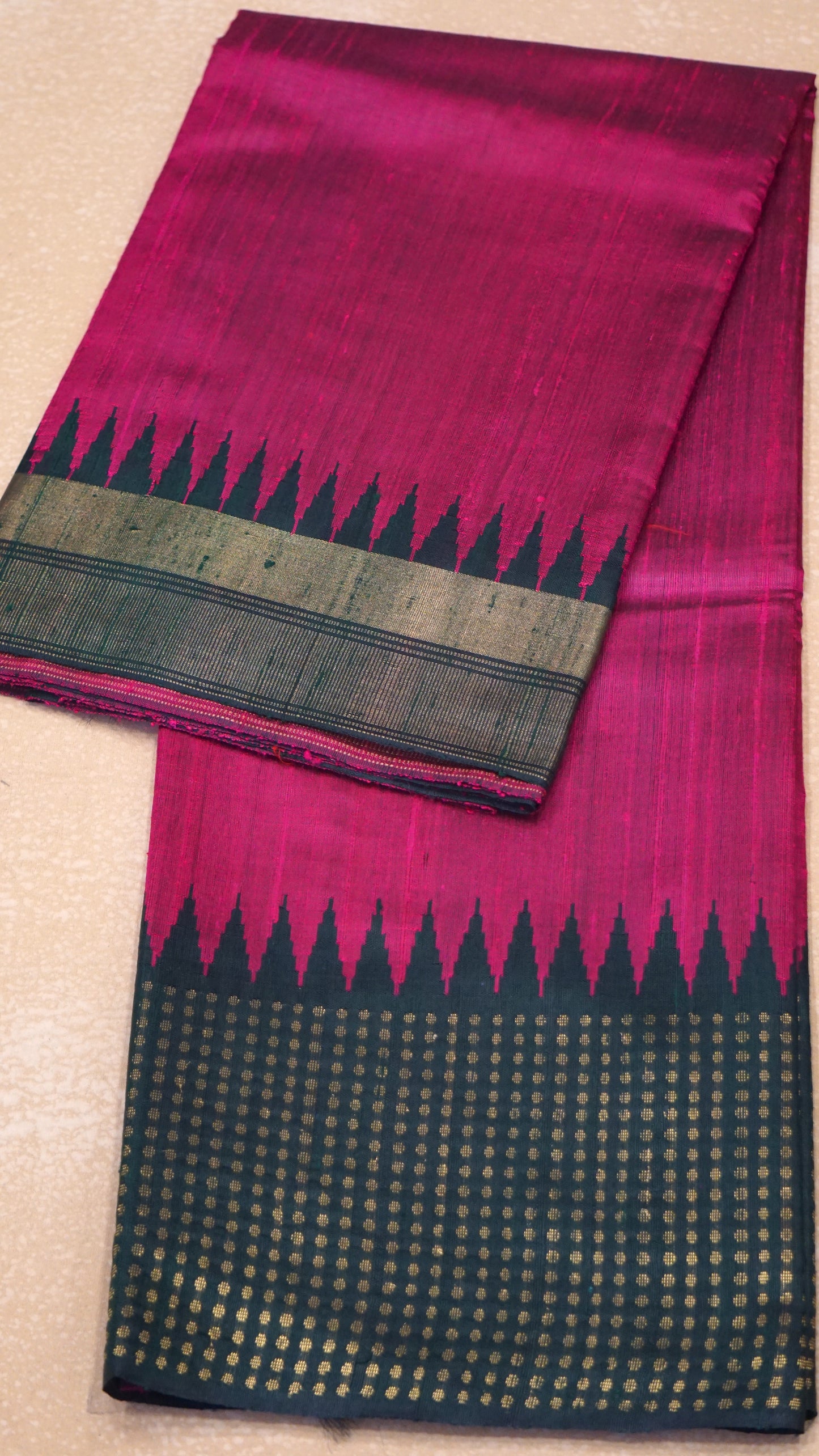 Pure Dupion Silk Saree - Pink with Green Border