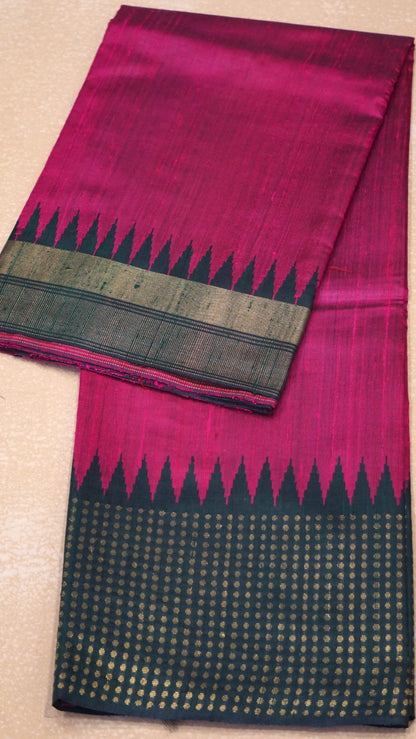 Pure Dupion Silk Saree - Pink with Green Border