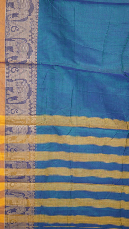 Narayanapet Cotton Saree Elephant Border Peacock Blue