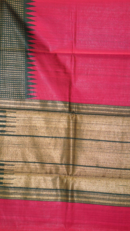 Pure Dupion Silk Saree - Pink with Green Border