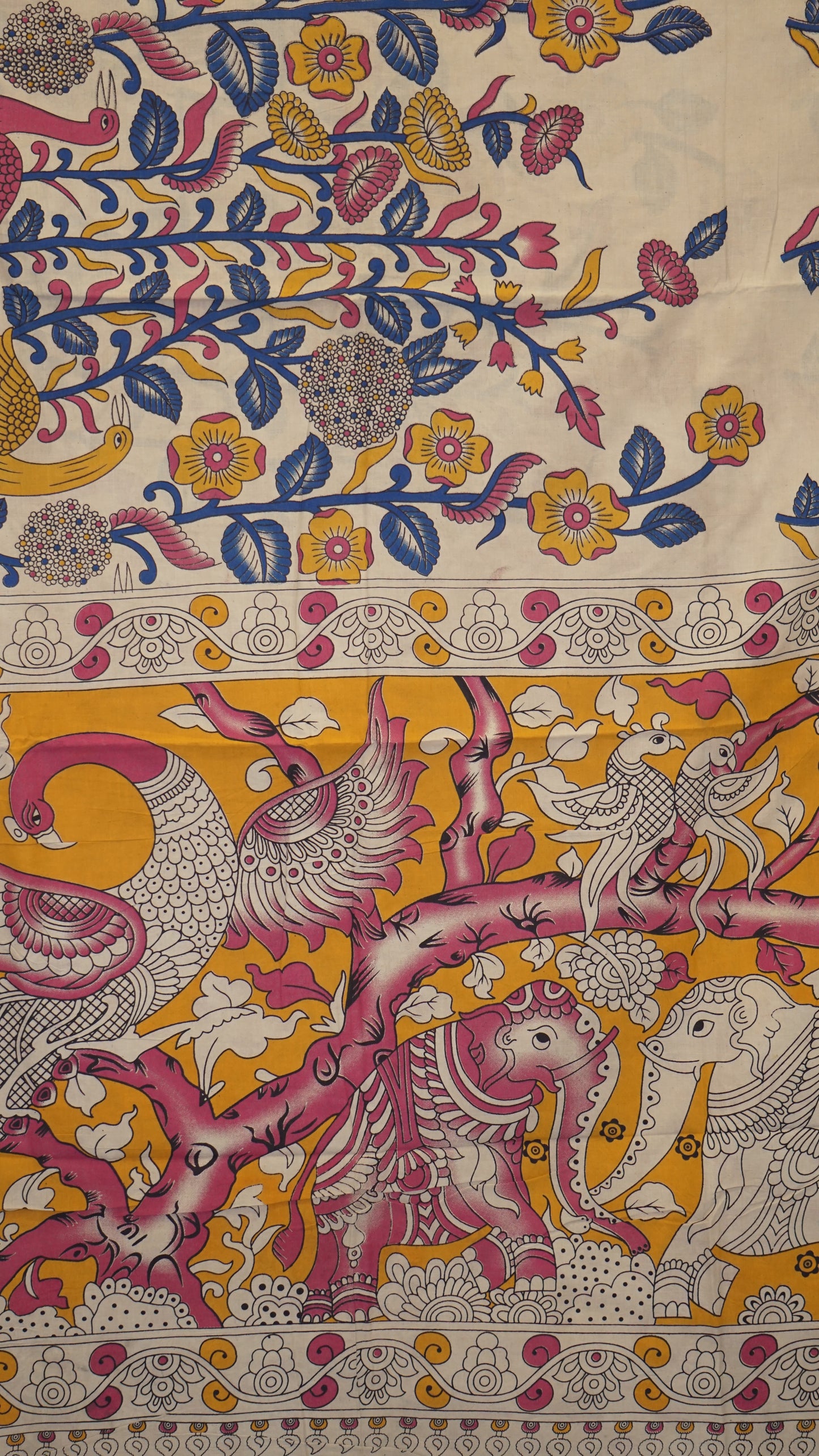 Kalamkari Saree Cotton - Beige With Yellow Border