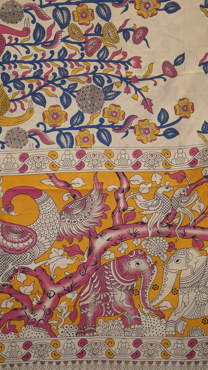 Kalamkari Saree Cotton - Beige With Yellow Border