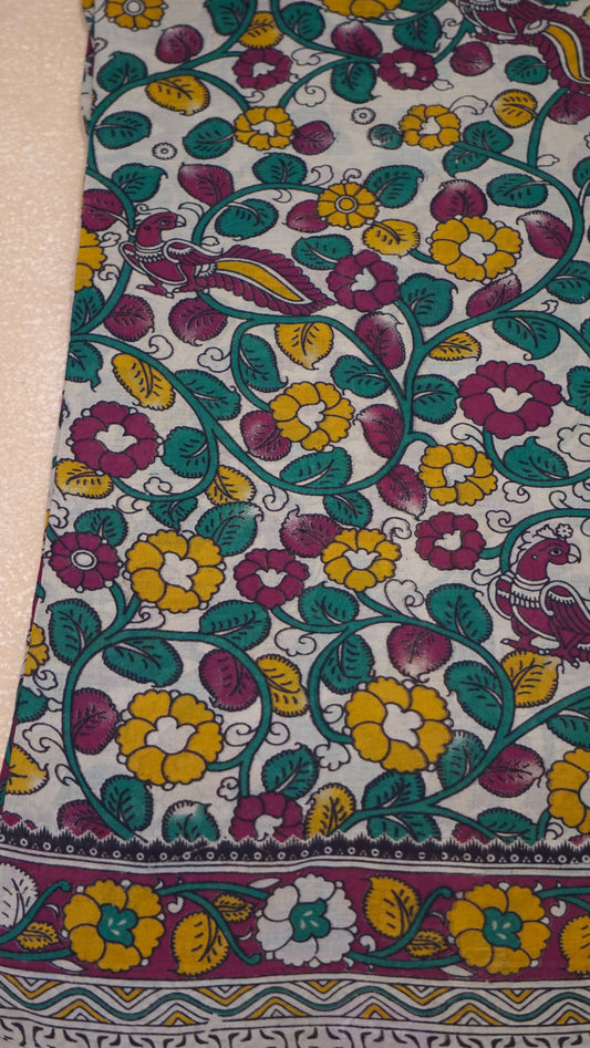 Kalamkari Saree Cotton - Beige With Magenta Border