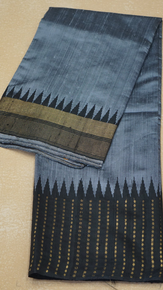 Pure Dupion Silk Saree - Grey With Black Border