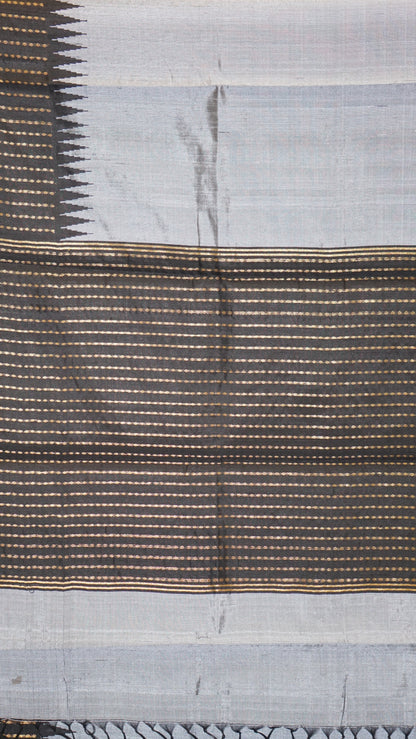 Pure Dupion Silk Saree - Grey With Black Border