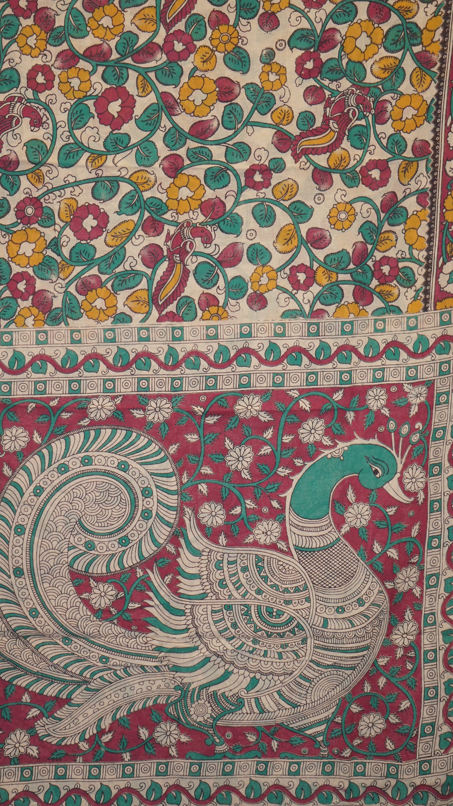 Kalamkari Saree Cotton - Beige With Magenta Border