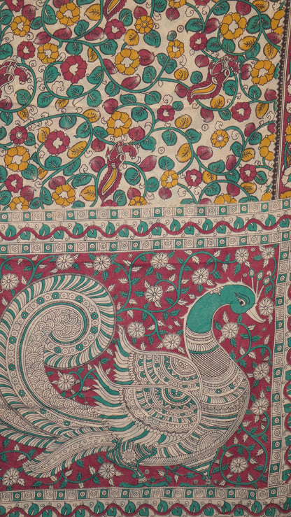 Kalamkari Saree Cotton - Beige With Magenta Border