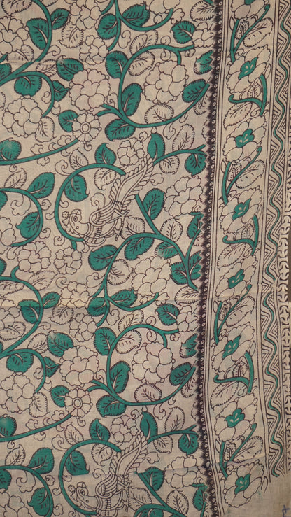 Kalamkari Saree Cotton - Beige With Magenta Border