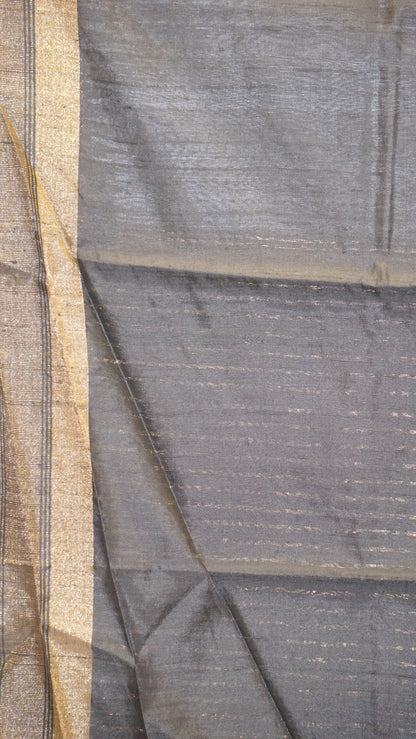 Pure Dupion Silk Saree - Grey With Black Border
