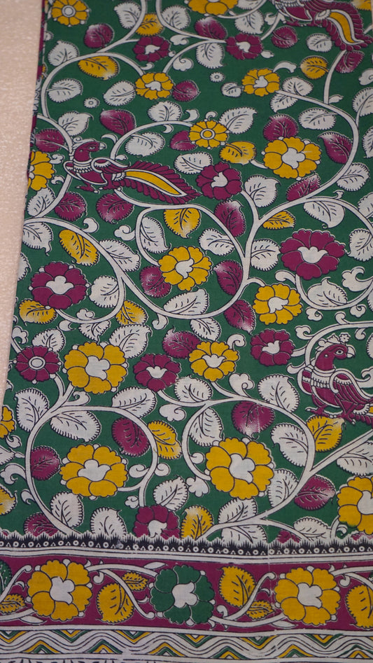 Kalamkari Saree Cotton - Green With Magenta Border