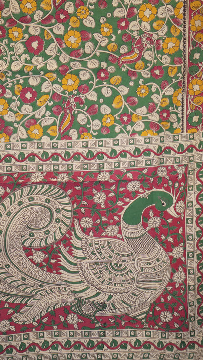 Kalamkari Saree Cotton - Green With Magenta Border
