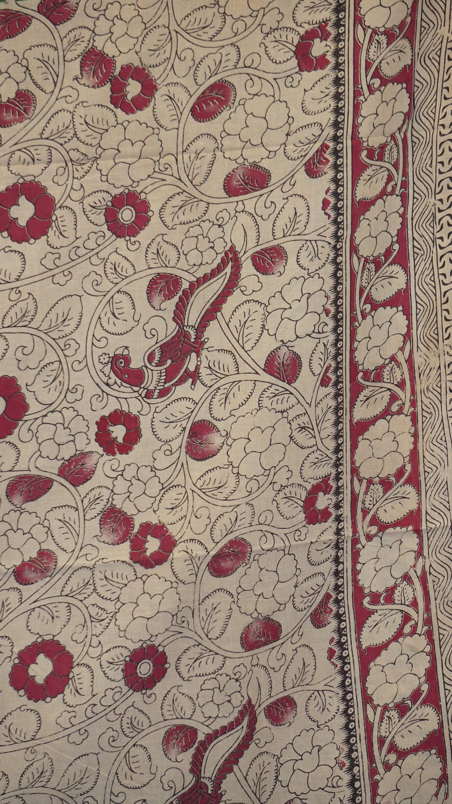 Kalamkari Saree Cotton - Green With Magenta Border