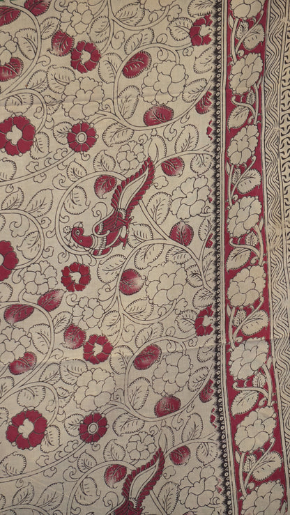 Kalamkari Saree Cotton - Green With Magenta Border