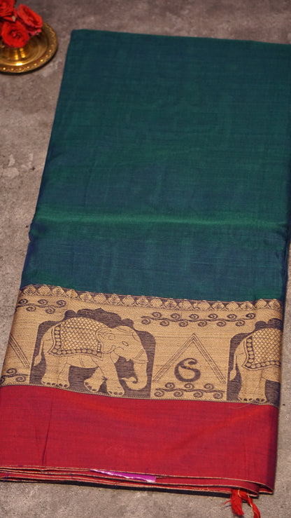 Narayanapet Cotton Saree Elephant Border Peacock Green