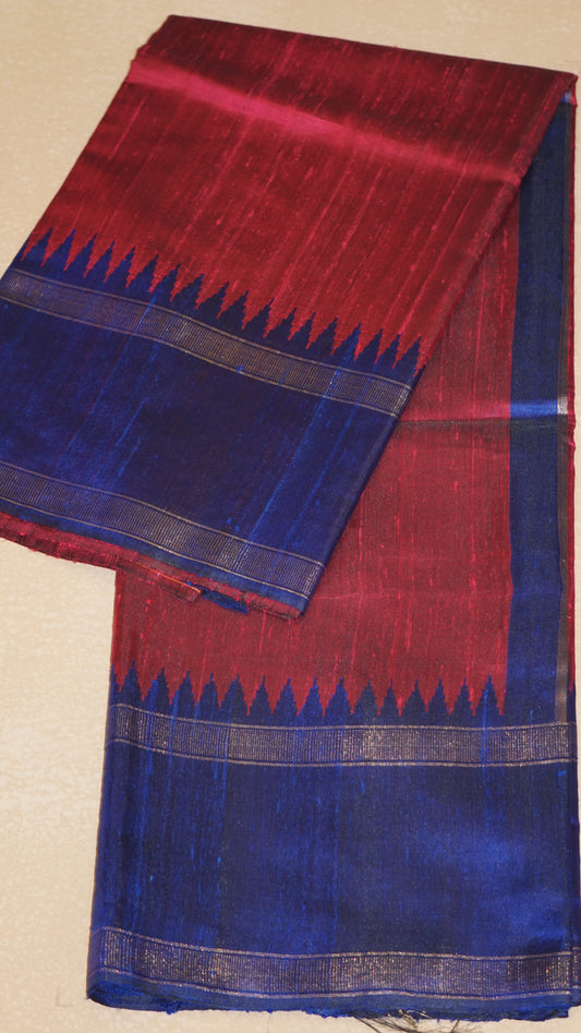 Pure Dupion Silk Saree - Magenta with Navy Blue