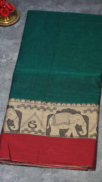 Narayanapet Cotton Saree Elephant Border Green