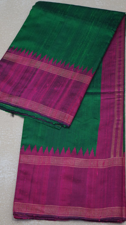 Pure Dupion Silk Saree - Parrot Green With Purple