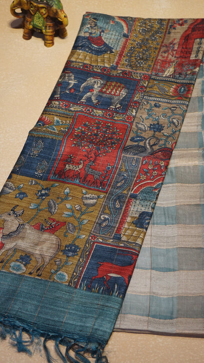 Pure Tussar Saree Checks - Blue