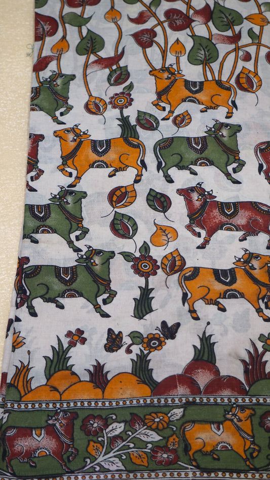 Kalamkari Saree Cotton - Beige Pichwai Print