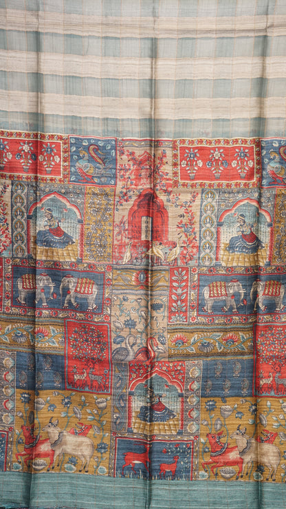 Pure Tussar Saree Checks - Blue