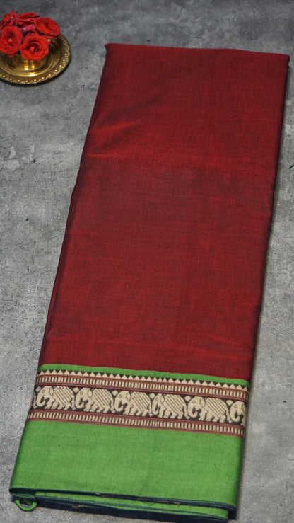 Narayanapet Cotton Saree Elephant Border Maroon
