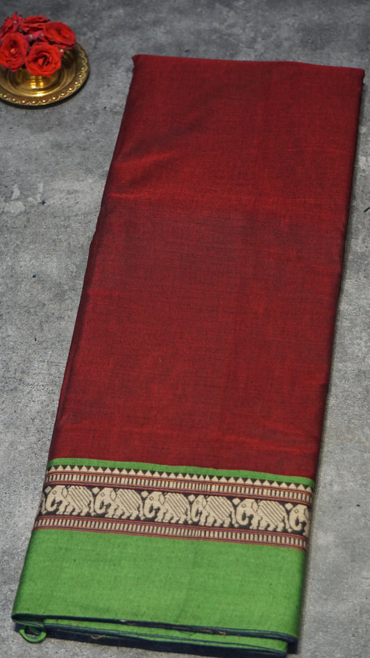 Narayanapet Cotton Saree Elephant Border Maroon