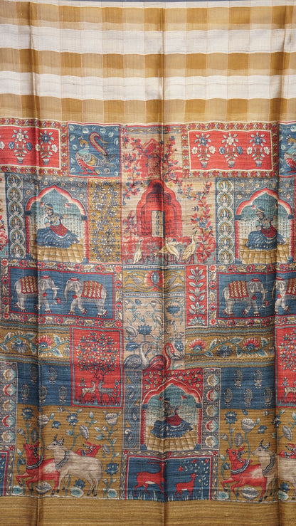 Pure Tussar Saree Checks - Gold
