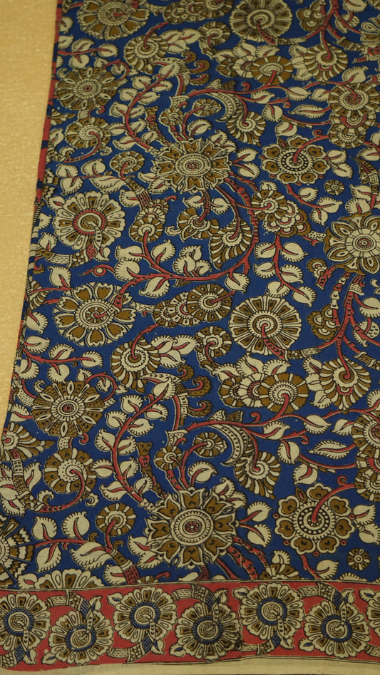 Kalamkari Saree Cotton - Blue With Pink Border